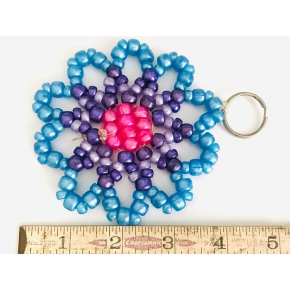 Handmade Beaded Key Fob Keychain Large 4" Easy to Find Vintage Blue Purple Beads - Picture 2 of 2